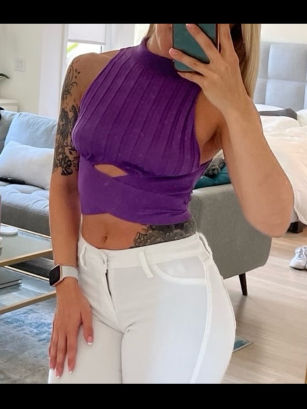 Zara Purple Ribbed Halter Cutout Crop Top